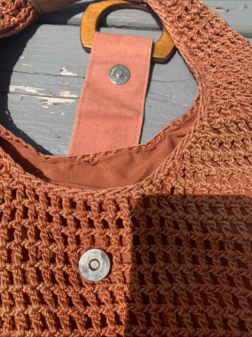 Rust Crochet Shoulder Hobo Bag with Wooden Accent - Picture 2 of 5